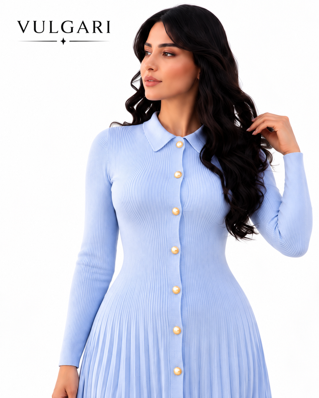 Rochie maxi bleu tricotată cu nasturi și guler
