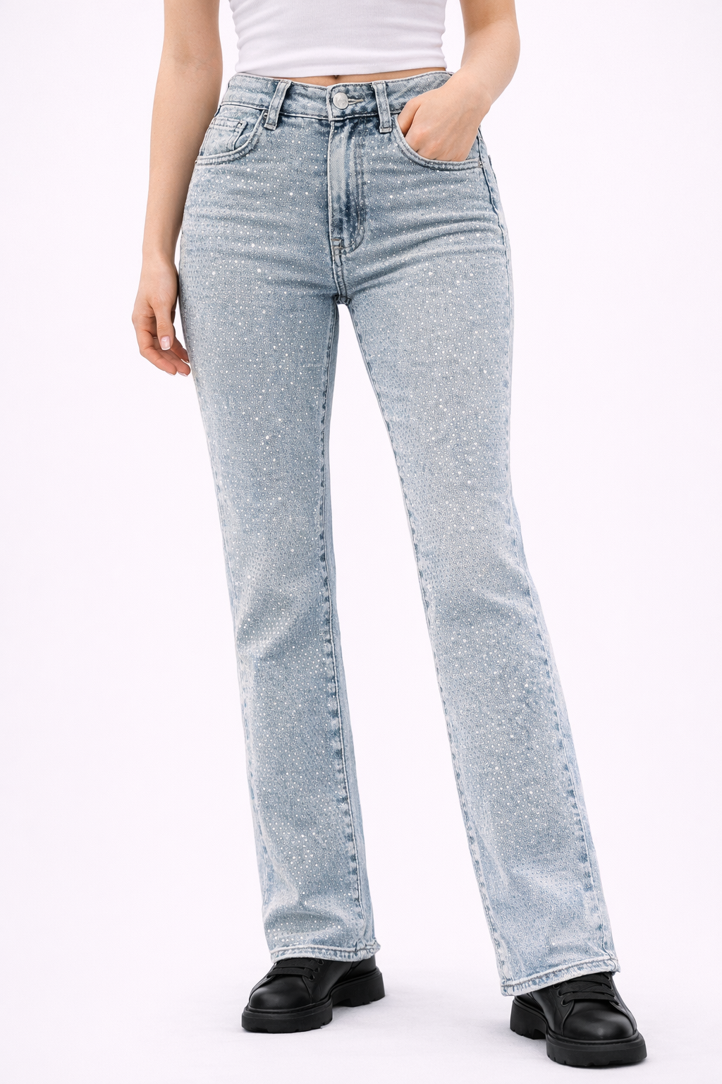 Blugi Damă Bootcut cu Pietricele Strălucitoare Albastru Deschis