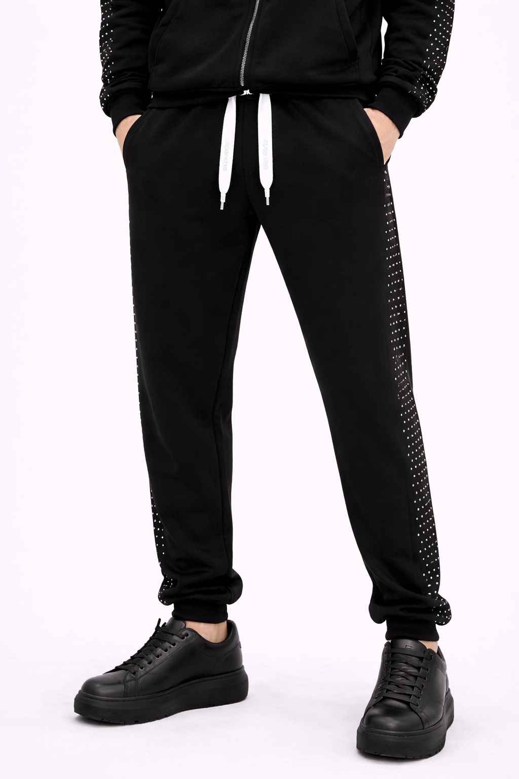 Trening Unisex cu Pietricele Strălucitoare – Set Hanorac cu Fermoar și Pantaloni Sport Elegant