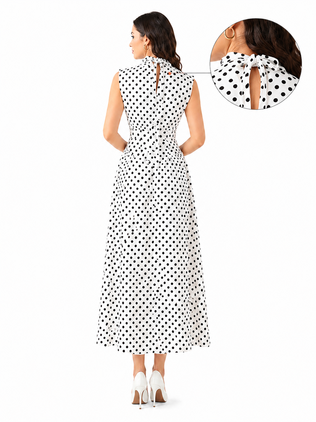 Rochie dama eleganta midi cu buline, fara maneci, croi clos, guler inalt, alba cu buline negre, casual, office, de ocazie