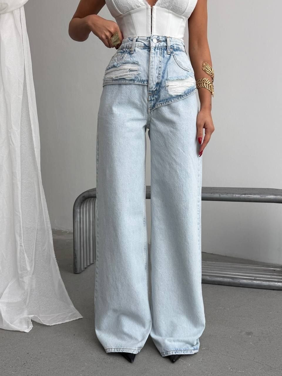Set Damă Denim Vulgari, Top Corset din Blugi și Pantaloni Wide Leg, Talie Înaltă, Albastru Deschis