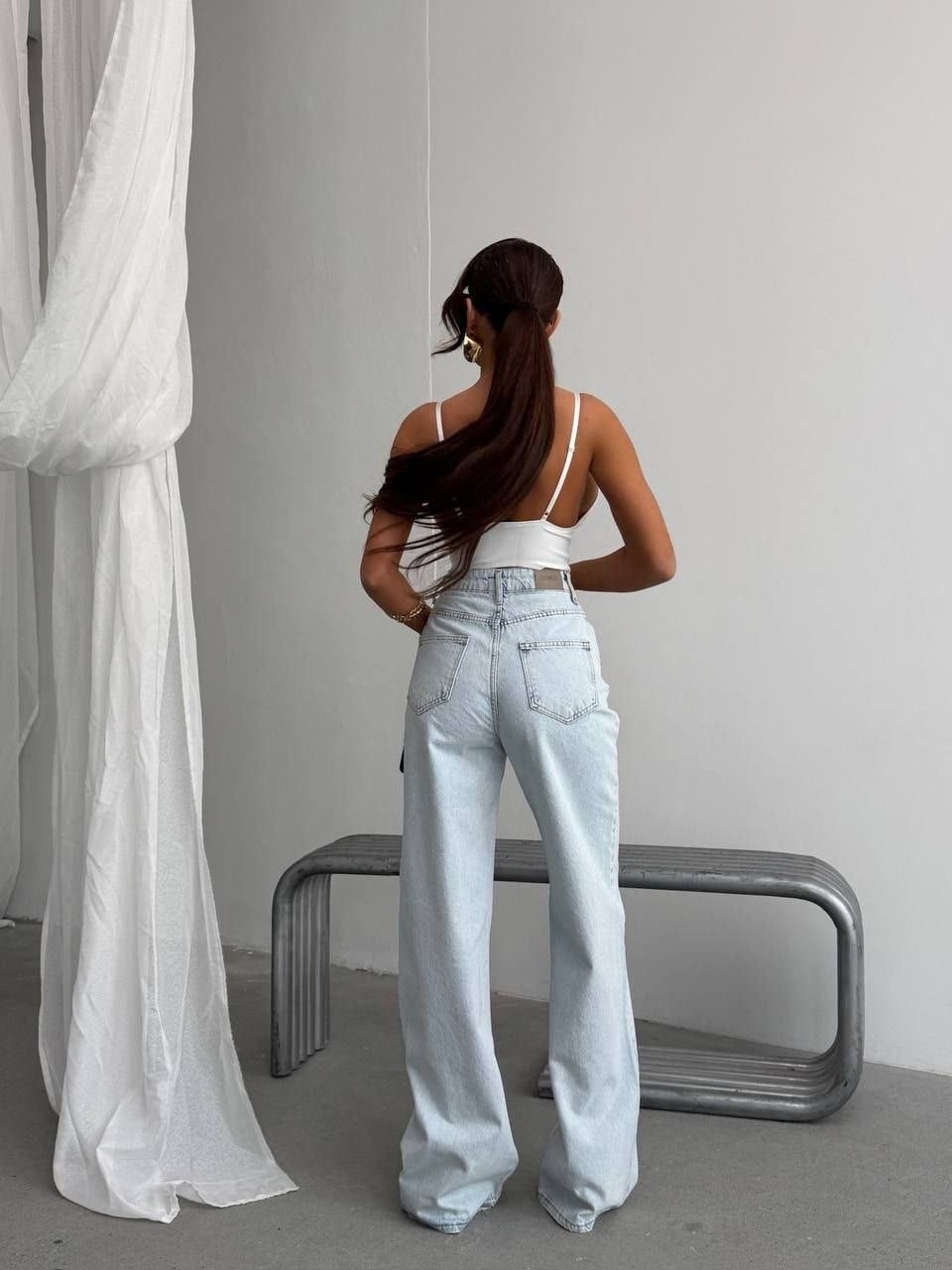 Set Damă Denim Vulgari, Top Corset din Blugi și Pantaloni Wide Leg, Talie Înaltă, Albastru Deschis