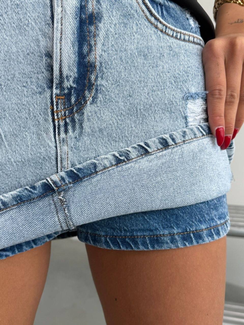Fustă-pantalon damă denim (Skort), talie înaltă, albastru deschis, cu pantaloni scurți integrați