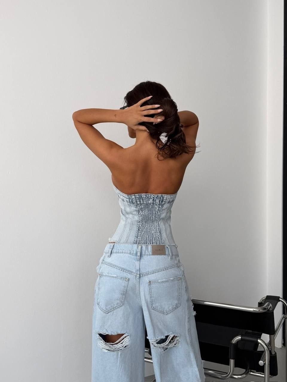 Top damă tip corset din denim, fără bretele, albastru deschis, cu nasturi frontali