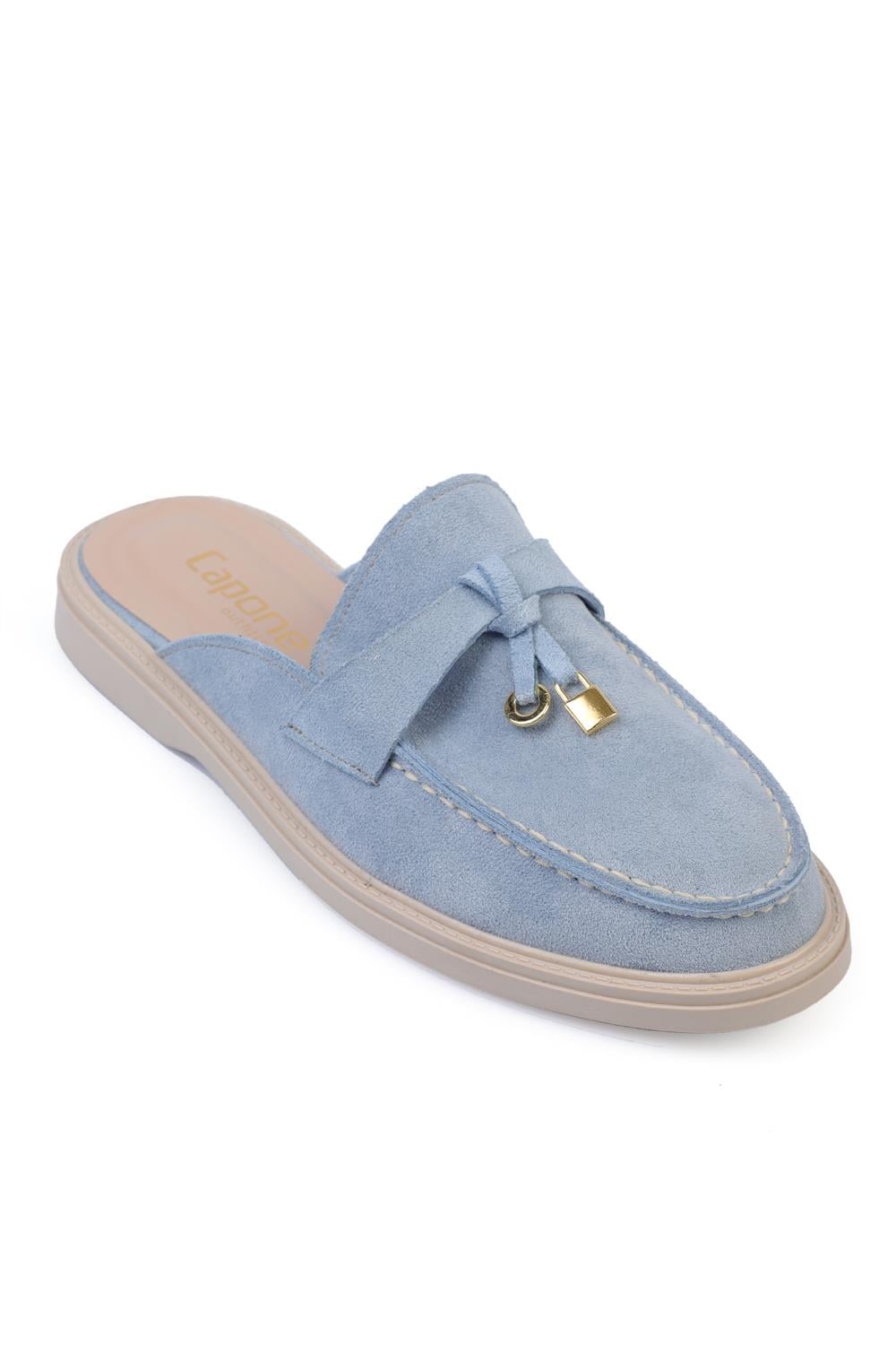 Papuci damă tip mule din piele întoarsă bej, cu accesoriu metalic auriu