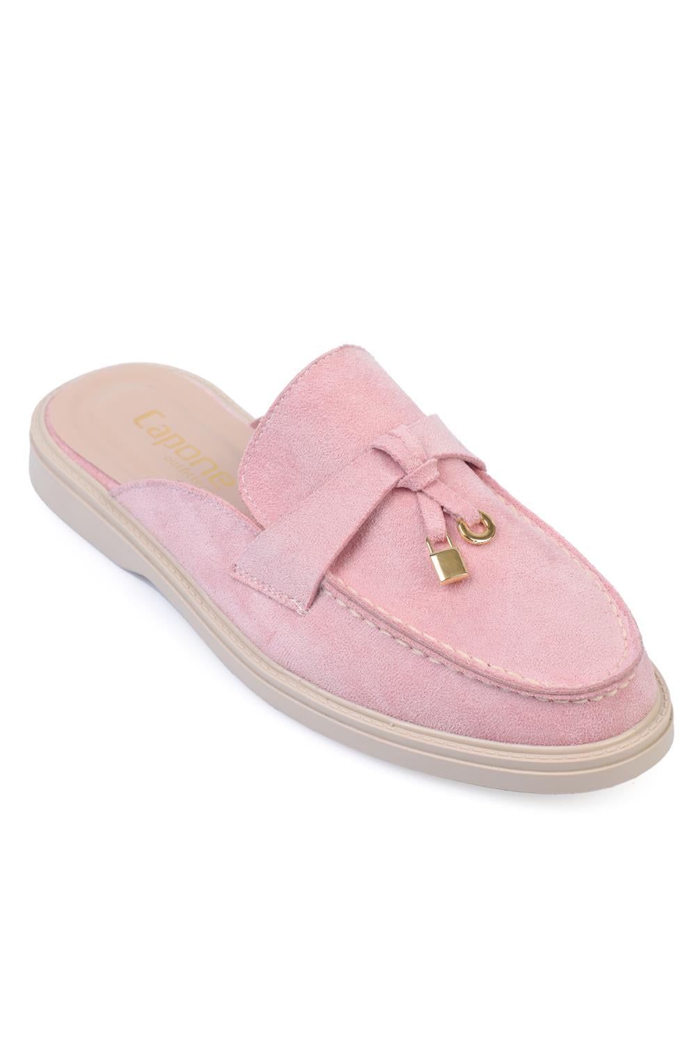 Papuci damă tip mule din piele întoarsă bej, cu accesoriu metalic auriu