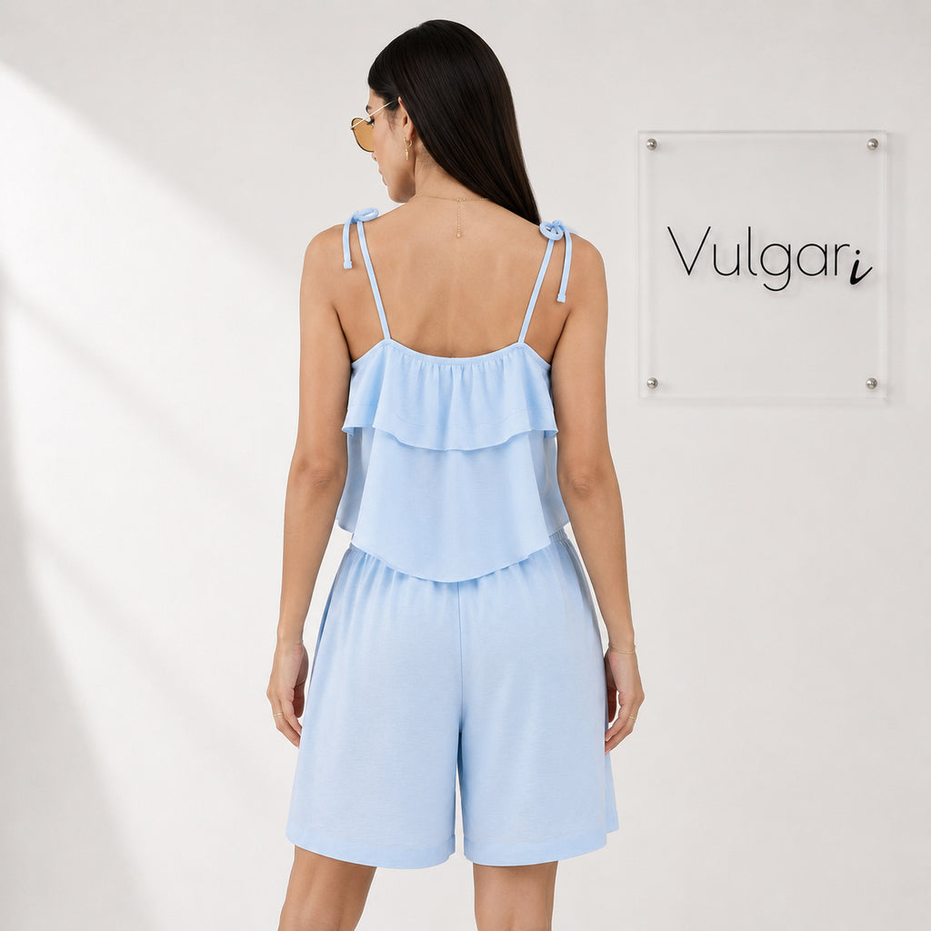 Compleu Damă Bleu de Vară, Top cu Volane și Pantaloni Scurți Lejeri, Set 2 Piese