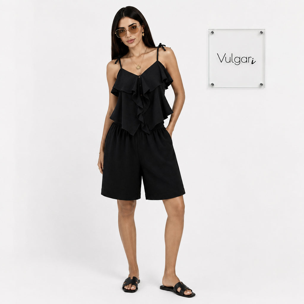Compleu Damă Negru de Vară, Top cu Volane și Pantaloni Scurți Lejeri, Set 2 Piese