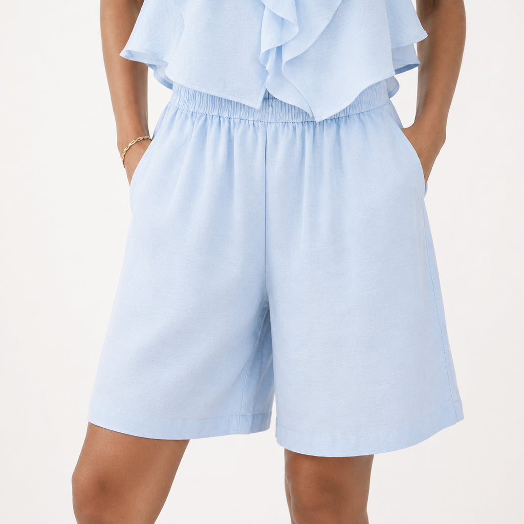 Compleu Damă Bleu de Vară, Top cu Volane și Pantaloni Scurți Lejeri, Set 2 Piese