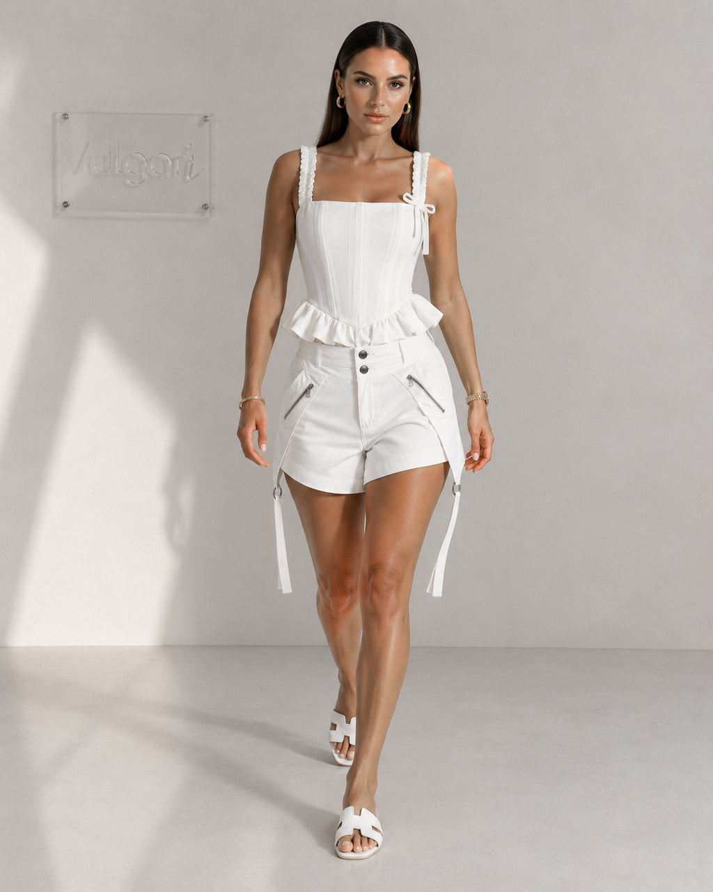 Pantaloni Scurți Damă Vulgari, Talie Înaltă, Curele Decorative Laterale, Alb