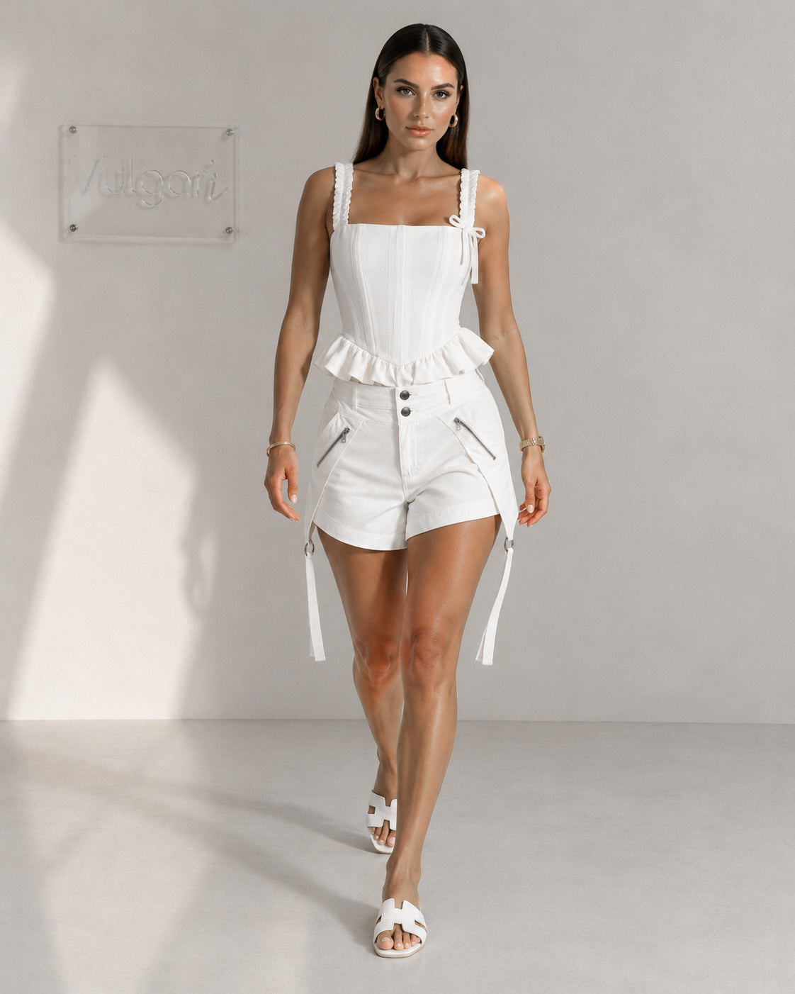 Pantaloni Scurți Damă Vulgari, Talie Înaltă, Curele Decorative Laterale, Alb
