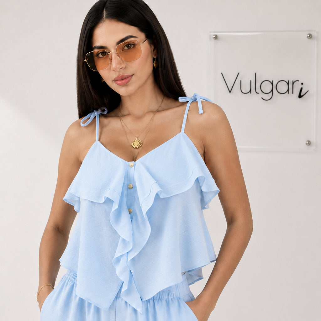 Compleu Damă Bleu de Vară, Top cu Volane și Pantaloni Scurți Lejeri, Set 2 Piese