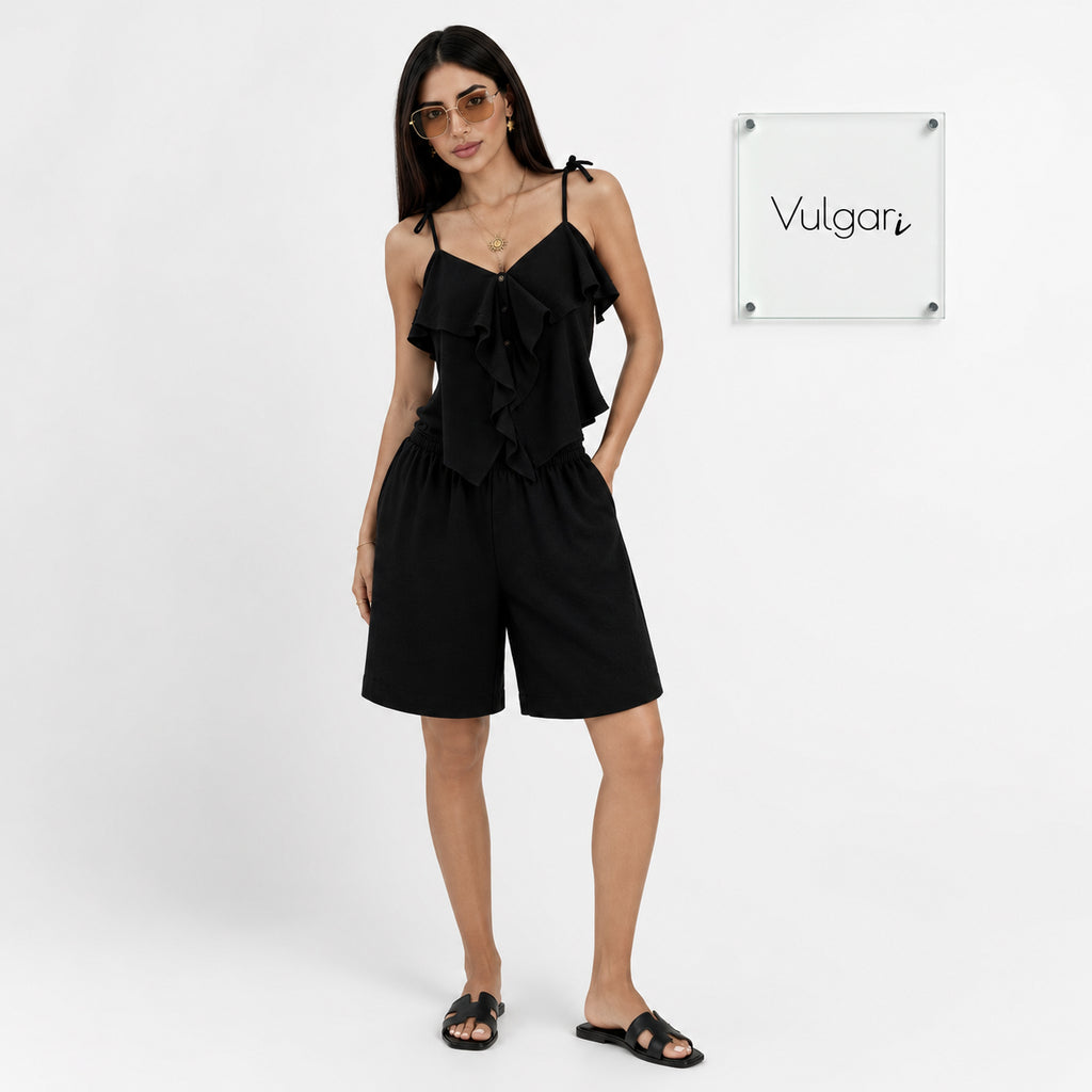 Compleu Damă Negru de Vară, Top cu Volane și Pantaloni Scurți Lejeri, Set 2 Piese